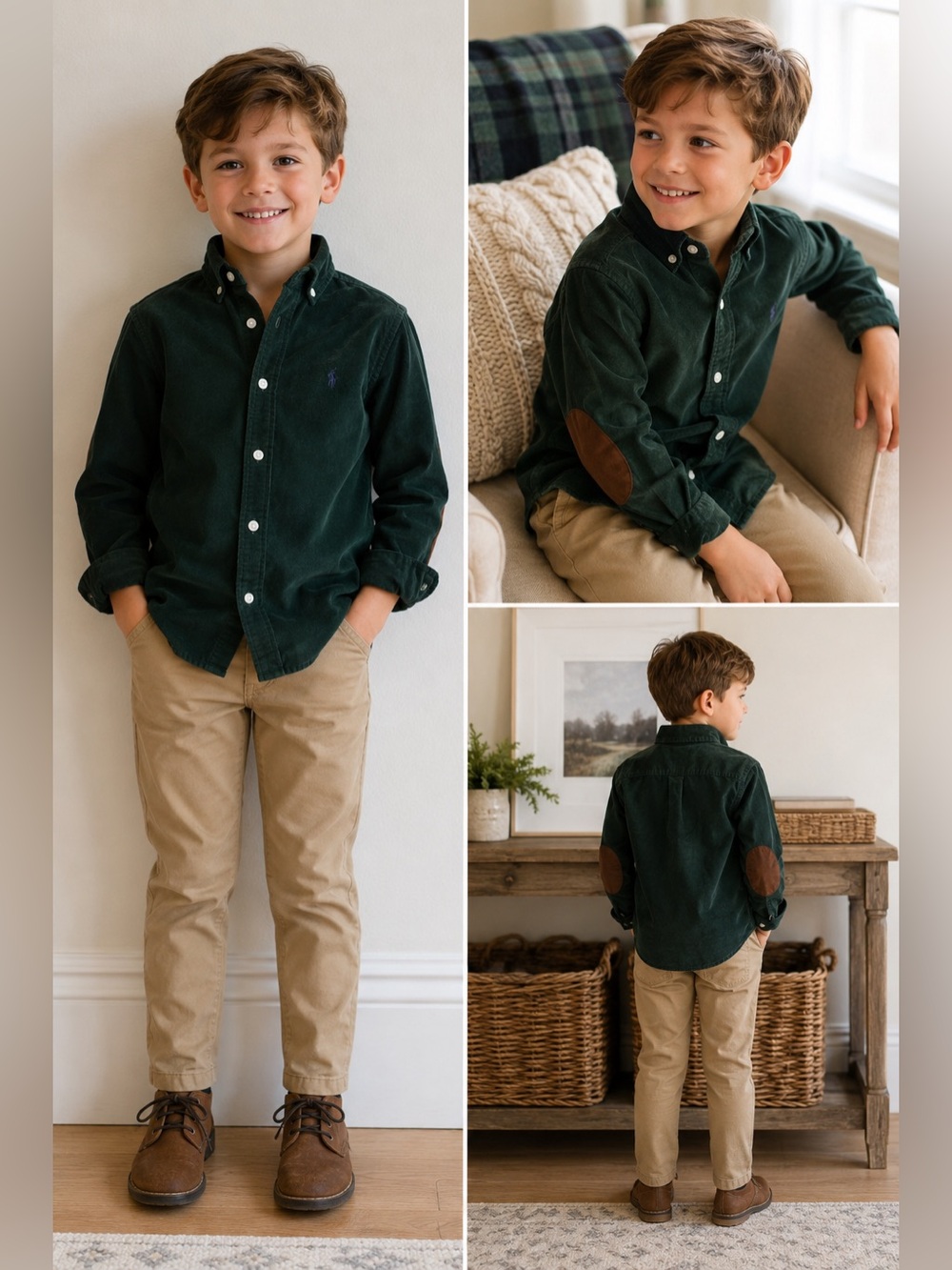 Ralph Lauren Boys Green Corduroy Button Down Shirt w/ Elbow Patches Size 6